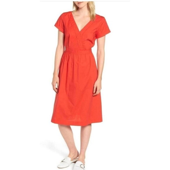J. Crew Short Sleeve Cotton Poplin Red Orange Midi Dress Size 00 - Picture 1 of 14